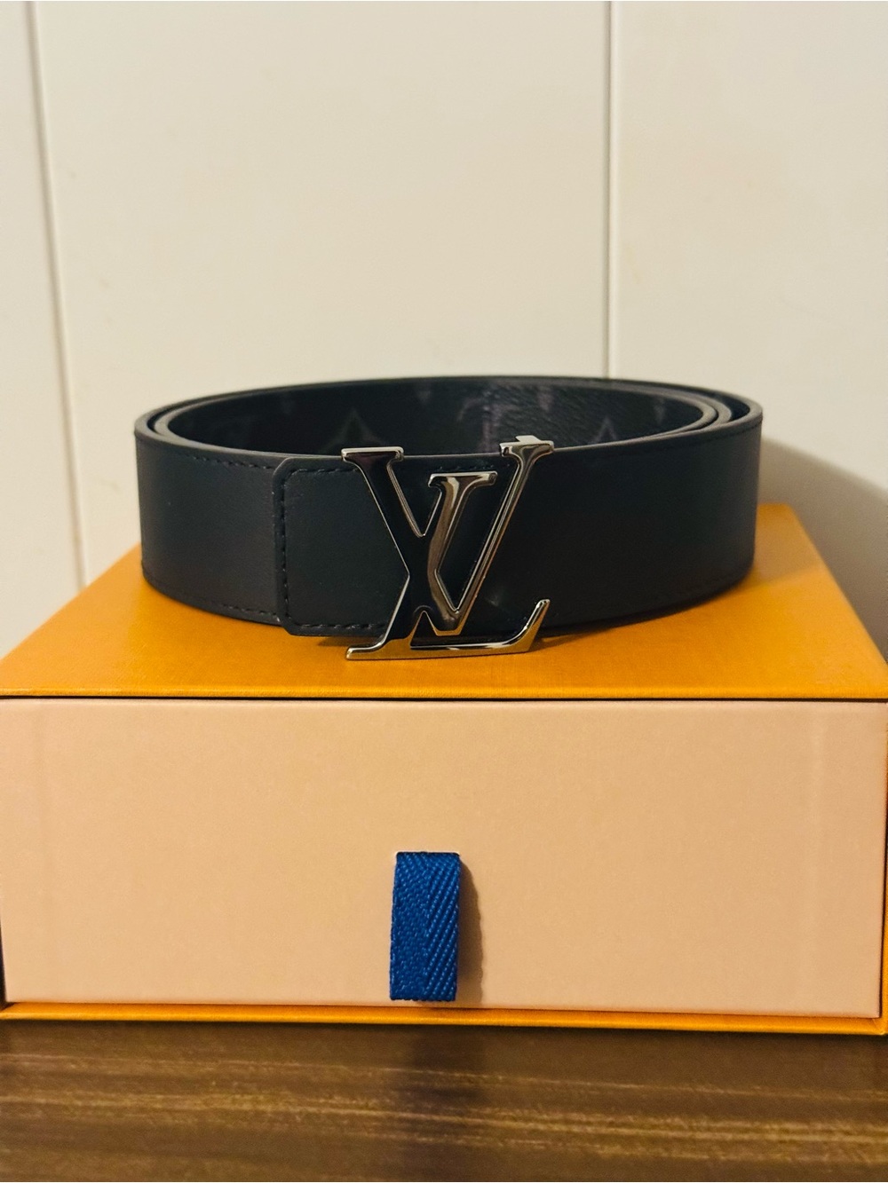 Louis Vuitton Black Leather Belt with Silver LV Buckle